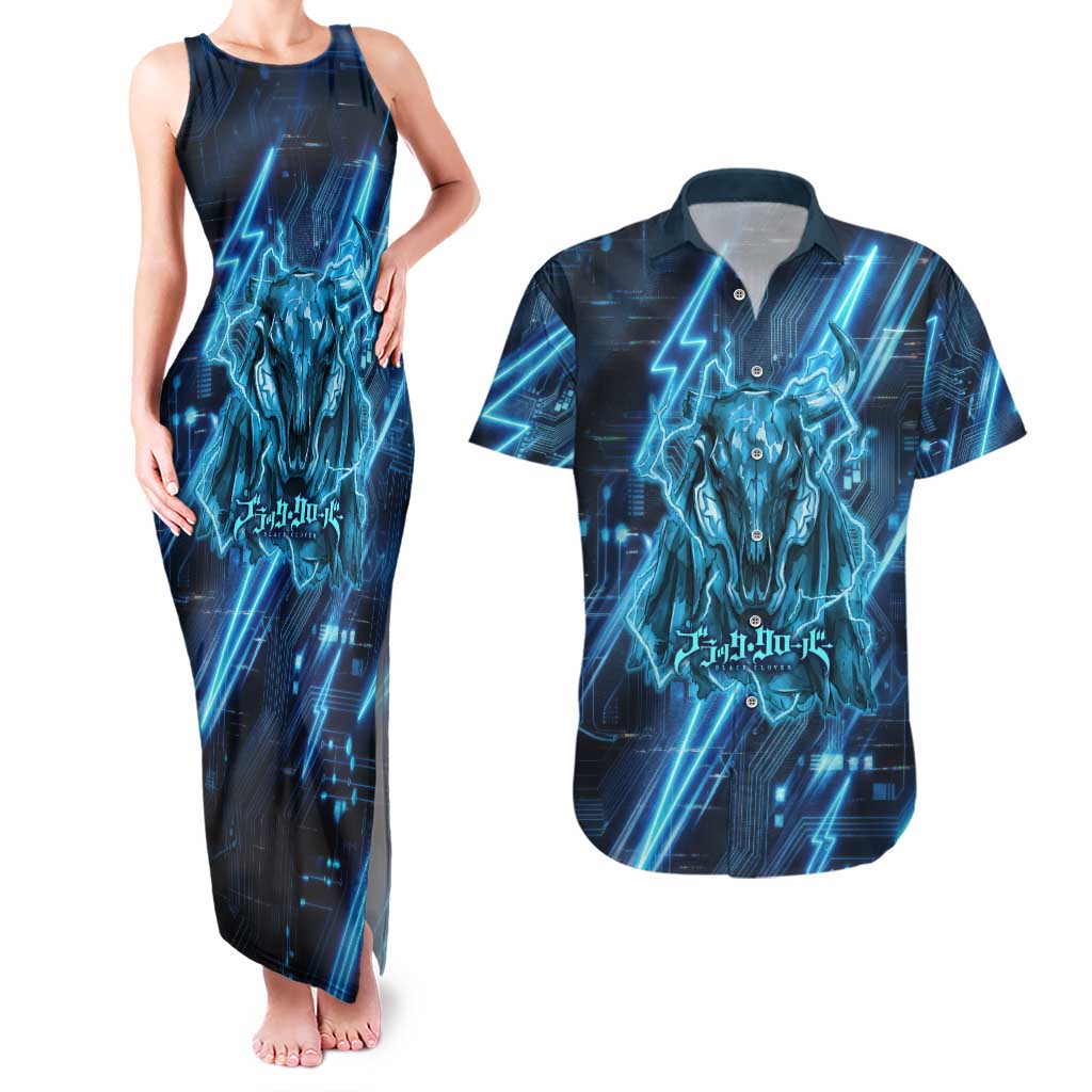 Luck Voltia Black Clover Couples Matching Tank Maxi Dress and Hawaiian Shirt Tech Lightning Anime Style with Electric Circuit Background