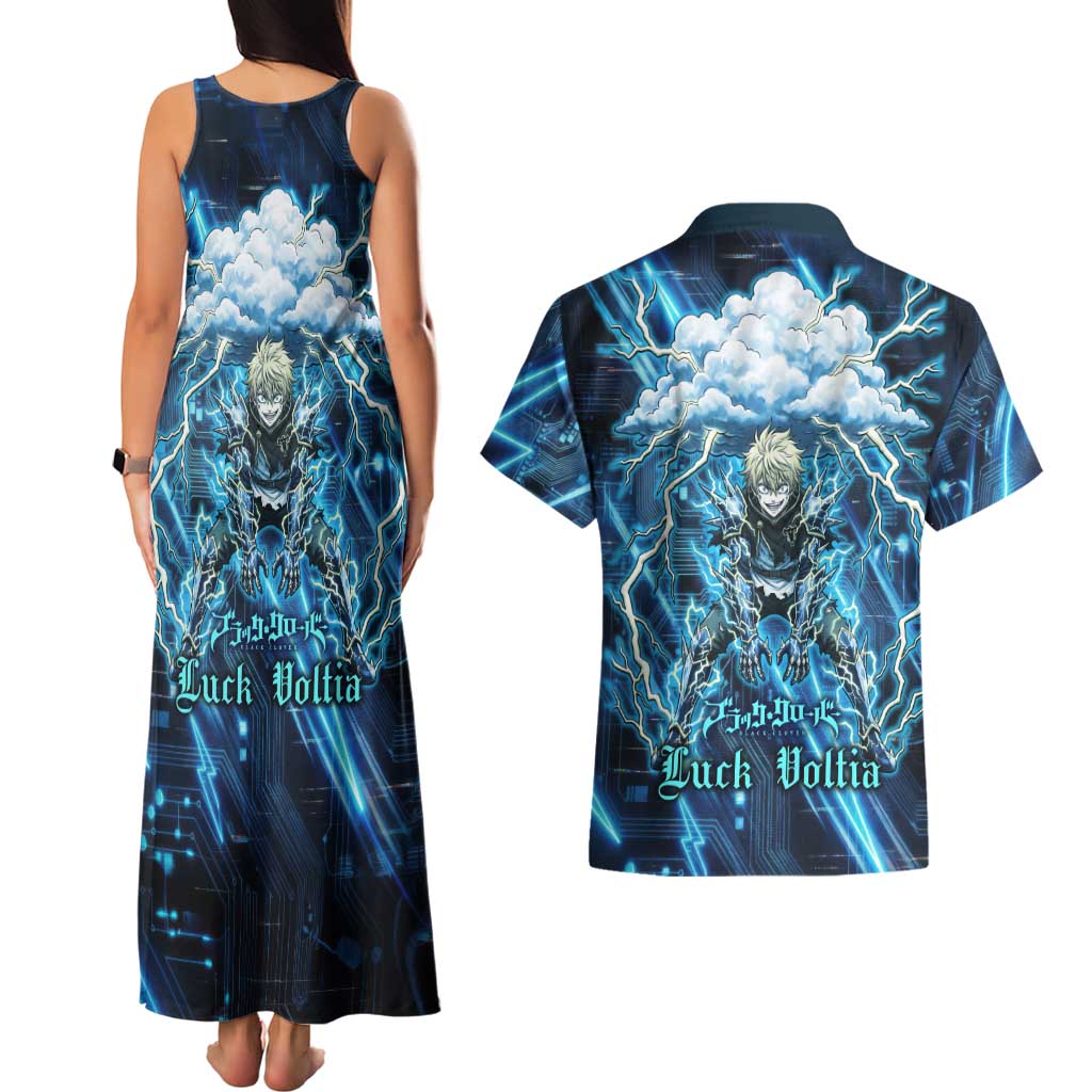 Luck Voltia Black Clover Couples Matching Tank Maxi Dress and Hawaiian Shirt Tech Lightning Anime Style with Electric Circuit Background