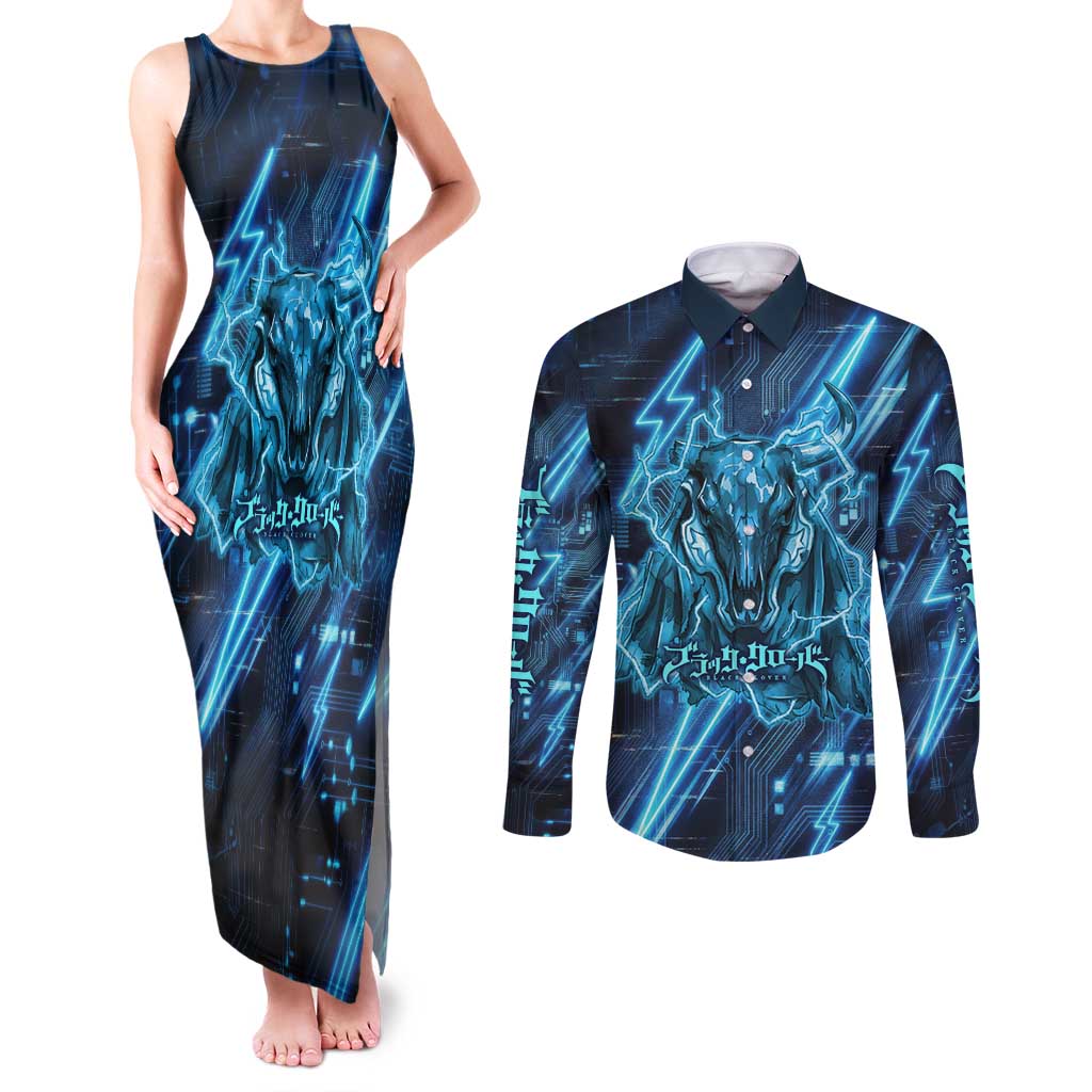 Luck Voltia Black Clover Couples Matching Tank Maxi Dress and Long Sleeve Button Shirt Tech Lightning Anime Style with Electric Circuit Background