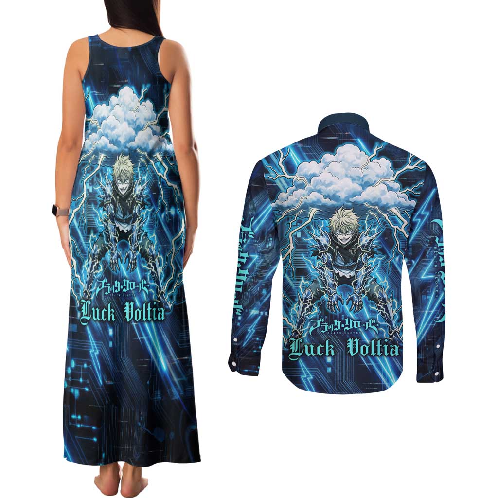 Luck Voltia Black Clover Couples Matching Tank Maxi Dress and Long Sleeve Button Shirt Tech Lightning Anime Style with Electric Circuit Background