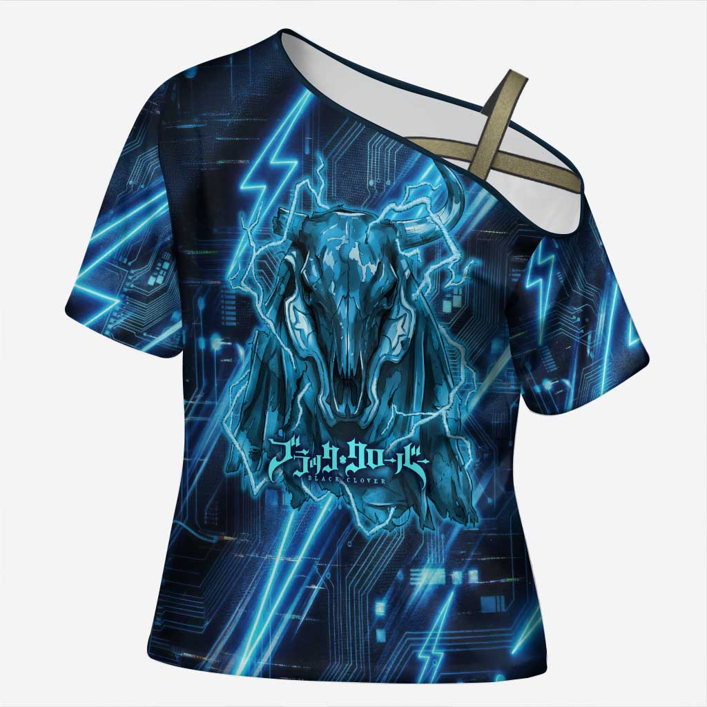 Luck Voltia Black Clover Cross Shoulder Shirt Tech Lightning Anime Style with Electric Circuit Background