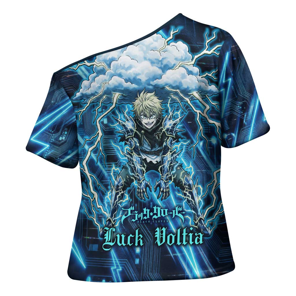 Luck Voltia Black Clover Cross Shoulder Shirt Tech Lightning Anime Style with Electric Circuit Background