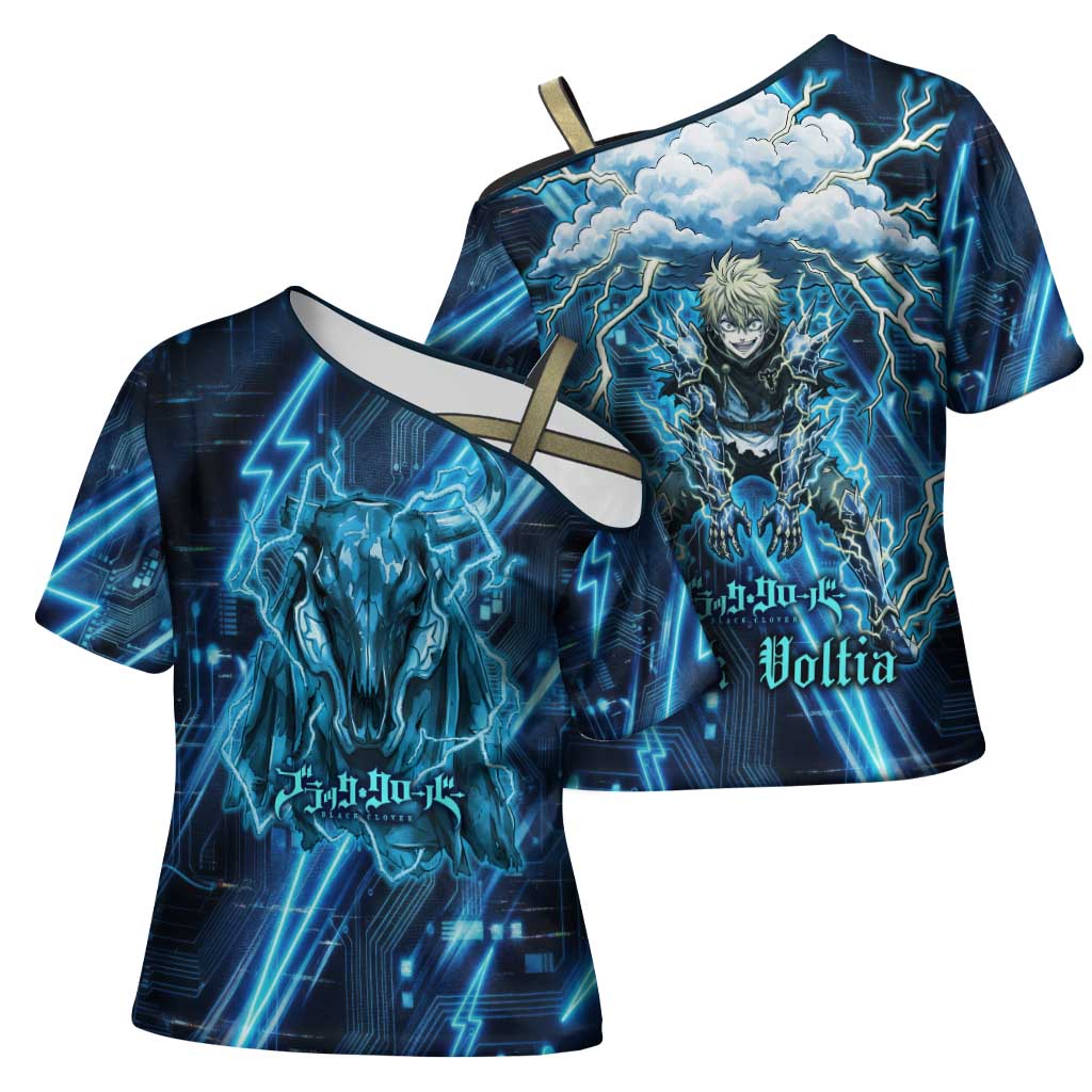 Luck Voltia Black Clover Cross Shoulder Shirt Tech Lightning Anime Style with Electric Circuit Background