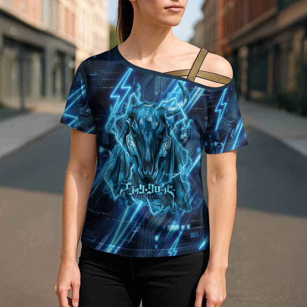 Luck Voltia Black Clover Cross Shoulder Shirt Tech Lightning Anime Style with Electric Circuit Background