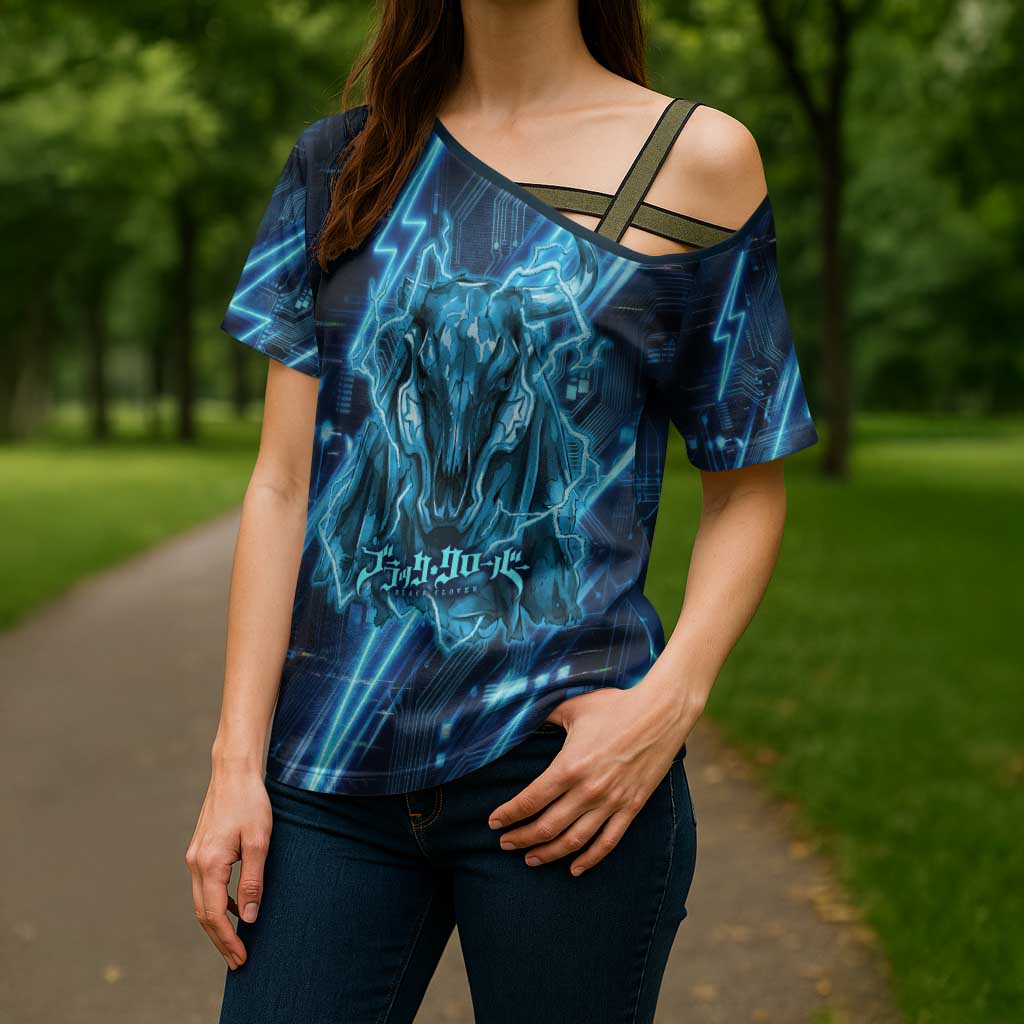 Luck Voltia Black Clover Cross Shoulder Shirt Tech Lightning Anime Style with Electric Circuit Background