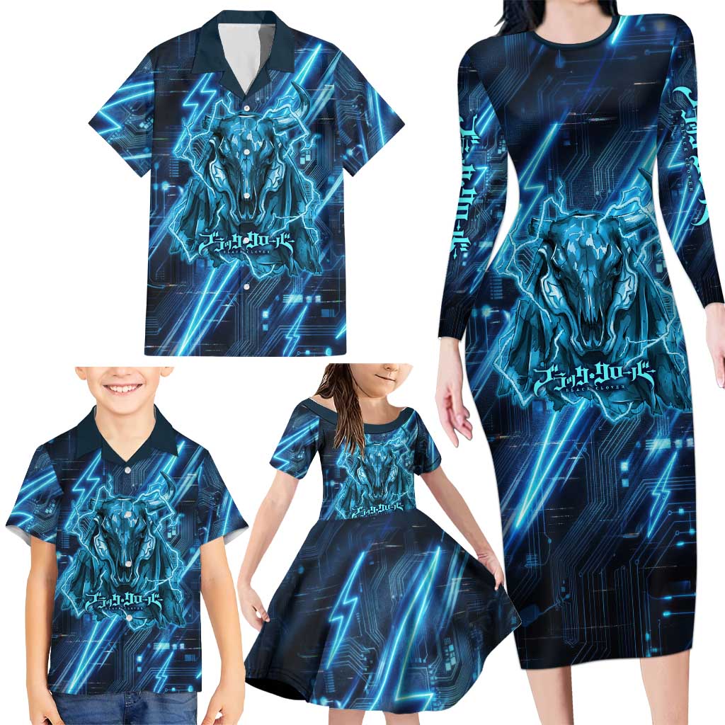 Luck Voltia Black Clover Family Matching Long Sleeve Bodycon Dress and Hawaiian Shirt Tech Lightning Anime Style with Electric Circuit Background