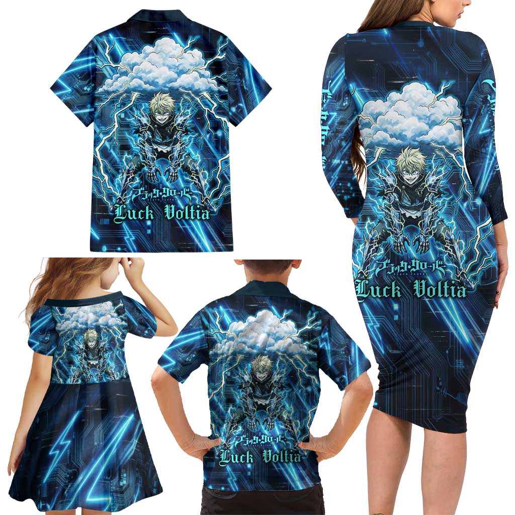 Luck Voltia Black Clover Family Matching Long Sleeve Bodycon Dress and Hawaiian Shirt Tech Lightning Anime Style with Electric Circuit Background