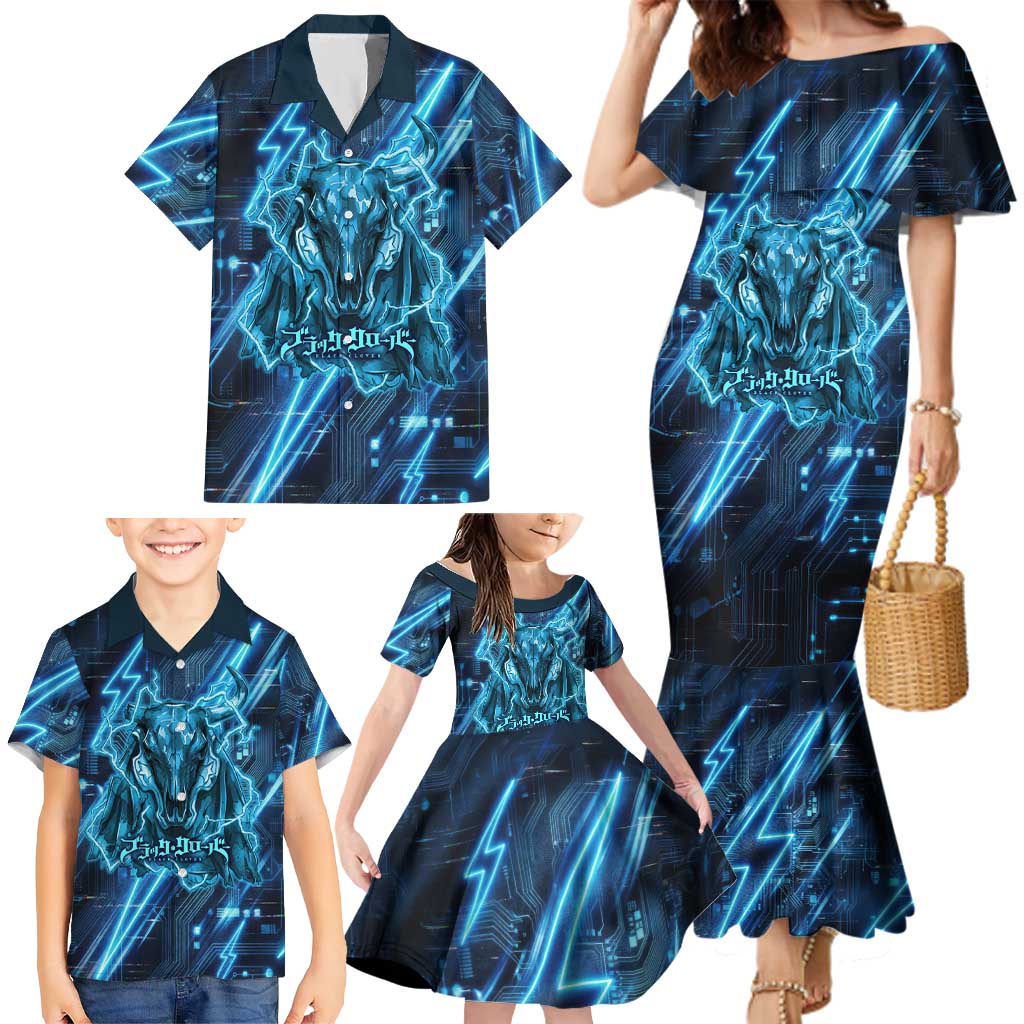 Luck Voltia Black Clover Family Matching Mermaid Dress and Hawaiian Shirt Tech Lightning Anime Style with Electric Circuit Background
