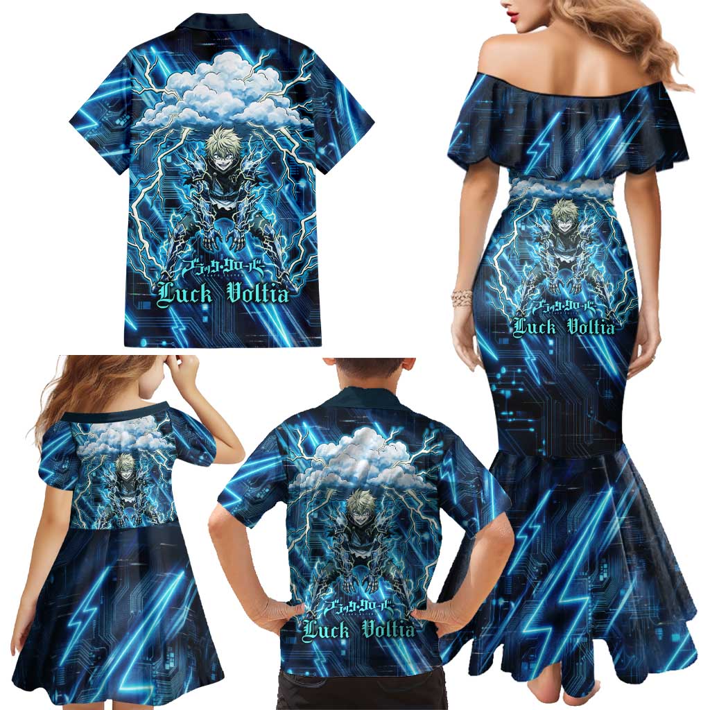 Luck Voltia Black Clover Family Matching Mermaid Dress and Hawaiian Shirt Tech Lightning Anime Style with Electric Circuit Background