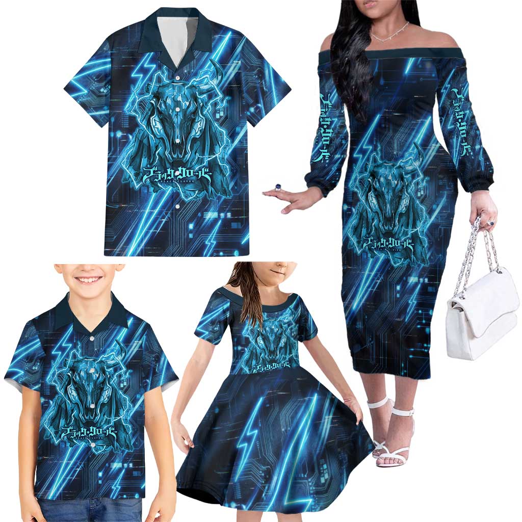 Luck Voltia Black Clover Family Matching Off The Shoulder Long Sleeve Dress and Hawaiian Shirt Tech Lightning Anime Style with Electric Circuit Background