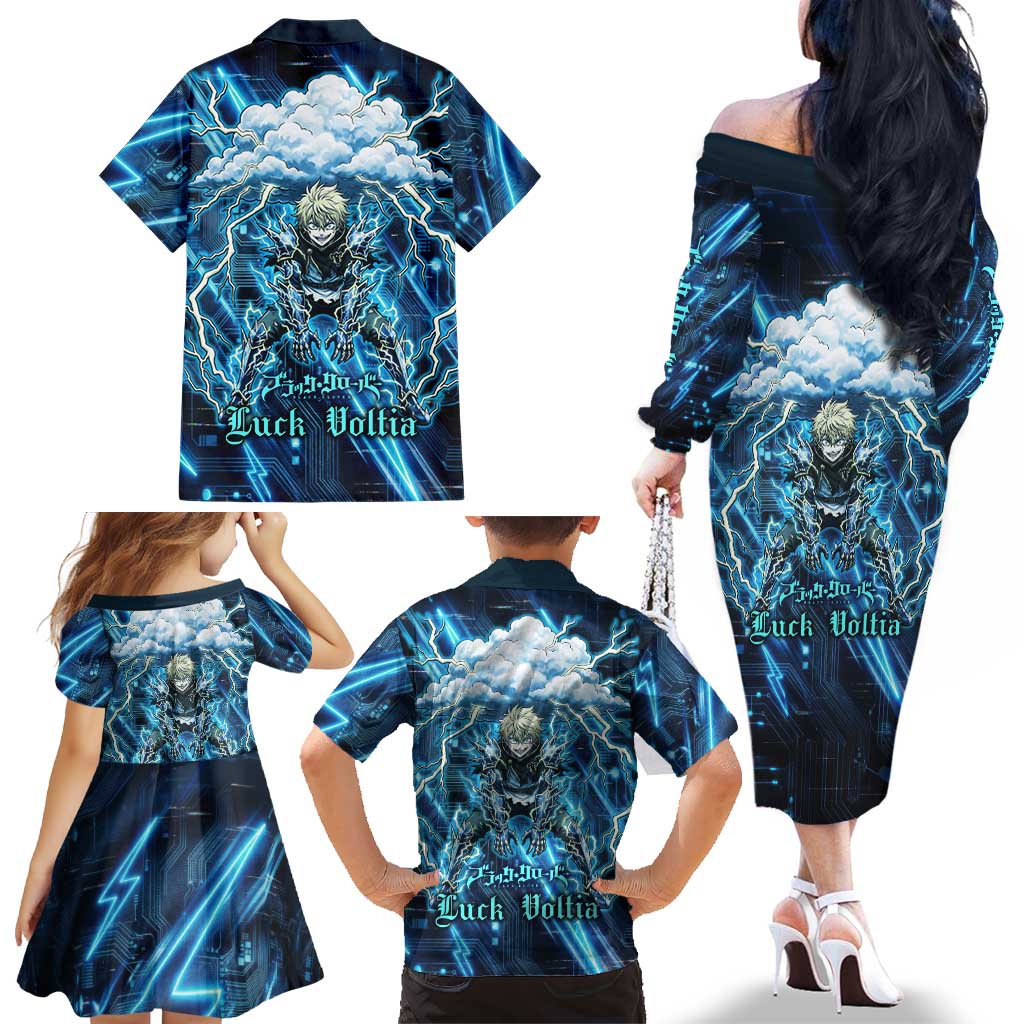Luck Voltia Black Clover Family Matching Off The Shoulder Long Sleeve Dress and Hawaiian Shirt Tech Lightning Anime Style with Electric Circuit Background