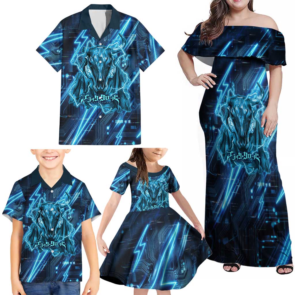 Luck Voltia Black Clover Family Matching Off Shoulder Maxi Dress and Hawaiian Shirt Tech Lightning Anime Style with Electric Circuit Background