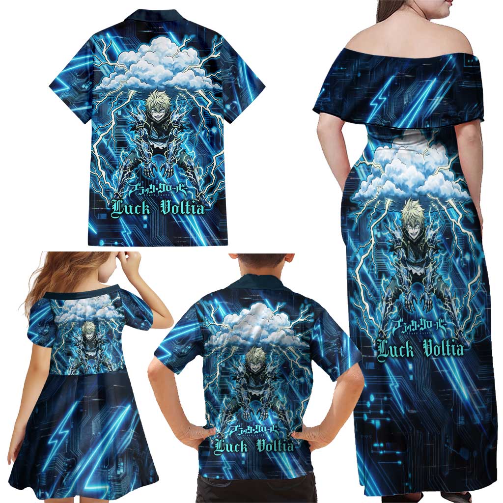 Luck Voltia Black Clover Family Matching Off Shoulder Maxi Dress and Hawaiian Shirt Tech Lightning Anime Style with Electric Circuit Background