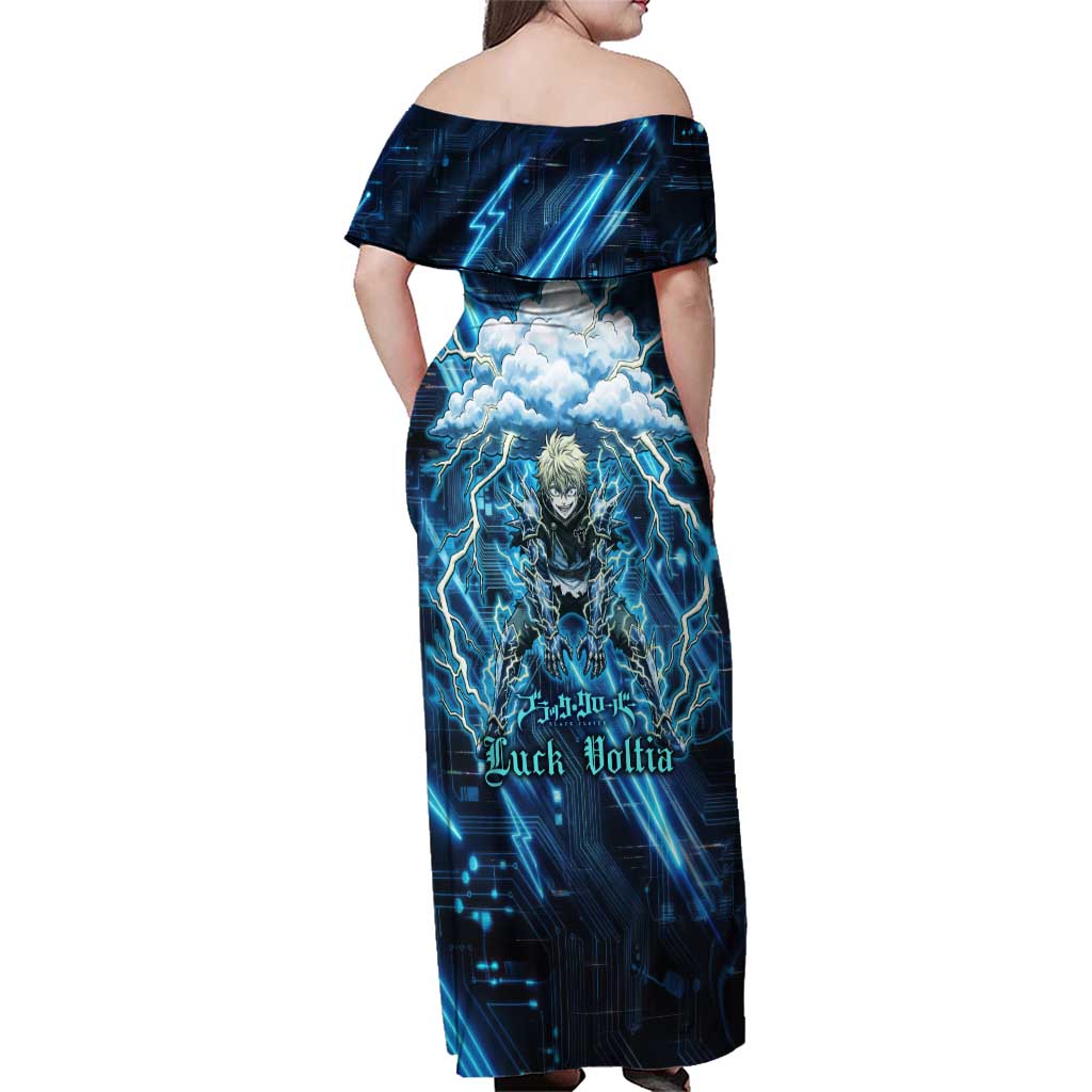 Luck Voltia Black Clover Family Matching Off Shoulder Maxi Dress and Hawaiian Shirt Tech Lightning Anime Style with Electric Circuit Background
