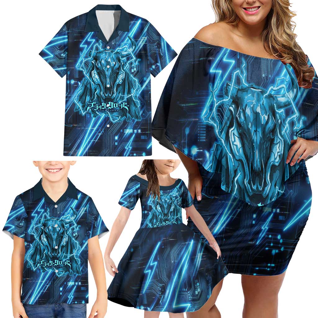 Luck Voltia Black Clover Family Matching Off Shoulder Short Dress and Hawaiian Shirt Tech Lightning Anime Style with Electric Circuit Background