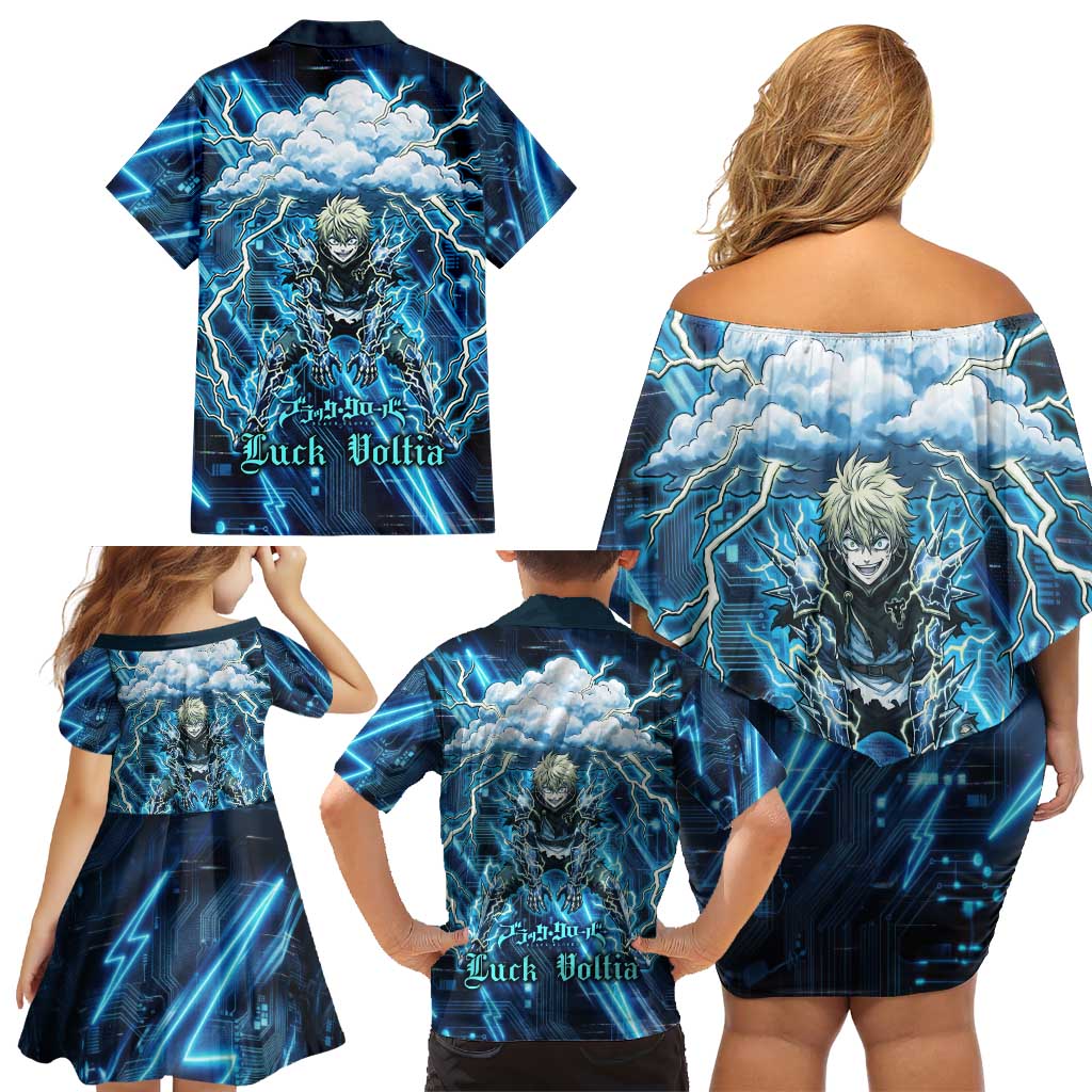 Luck Voltia Black Clover Family Matching Off Shoulder Short Dress and Hawaiian Shirt Tech Lightning Anime Style with Electric Circuit Background