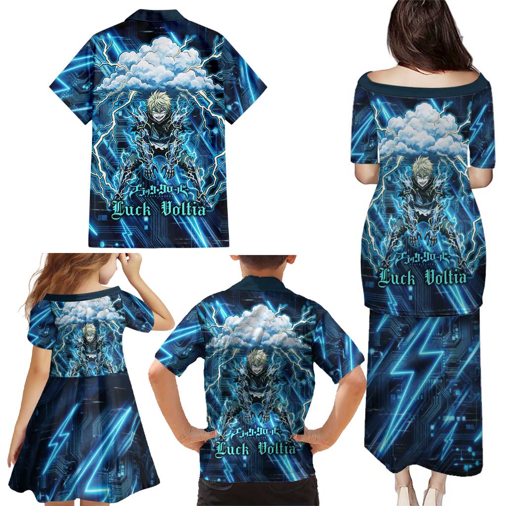 Luck Voltia Black Clover Family Matching Puletasi and Hawaiian Shirt Tech Lightning Anime Style with Electric Circuit Background