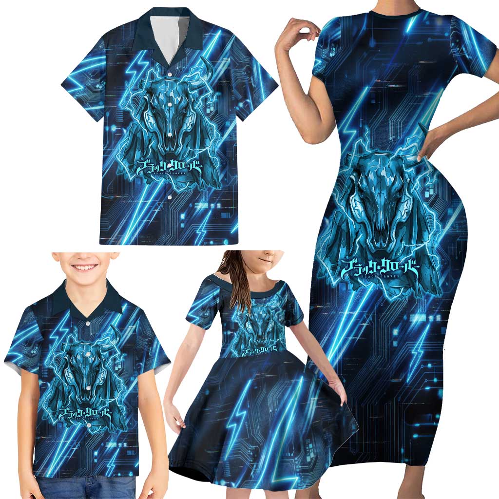 Luck Voltia Black Clover Family Matching Short Sleeve Bodycon Dress and Hawaiian Shirt Tech Lightning Anime Style with Electric Circuit Background