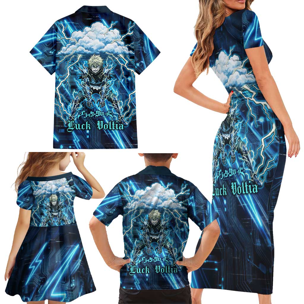 Luck Voltia Black Clover Family Matching Short Sleeve Bodycon Dress and Hawaiian Shirt Tech Lightning Anime Style with Electric Circuit Background