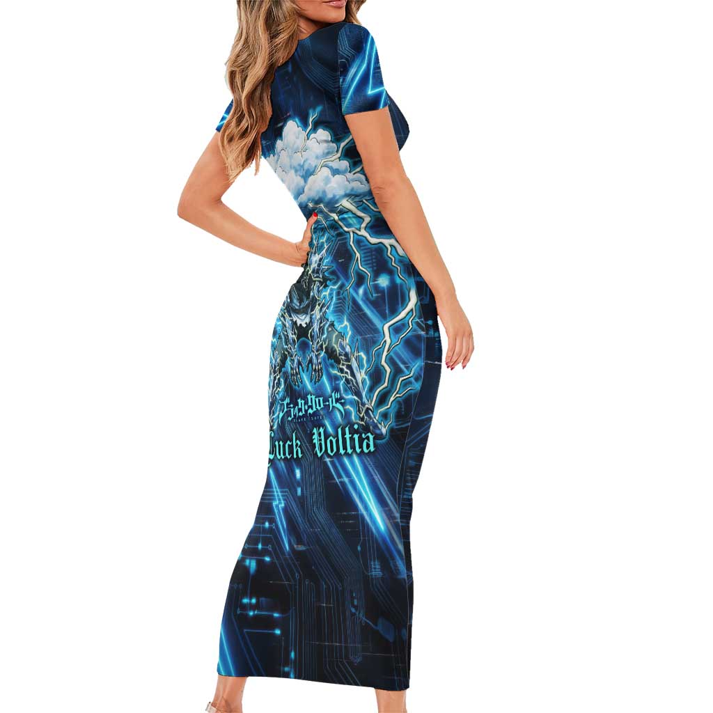 Luck Voltia Black Clover Family Matching Short Sleeve Bodycon Dress and Hawaiian Shirt Tech Lightning Anime Style with Electric Circuit Background