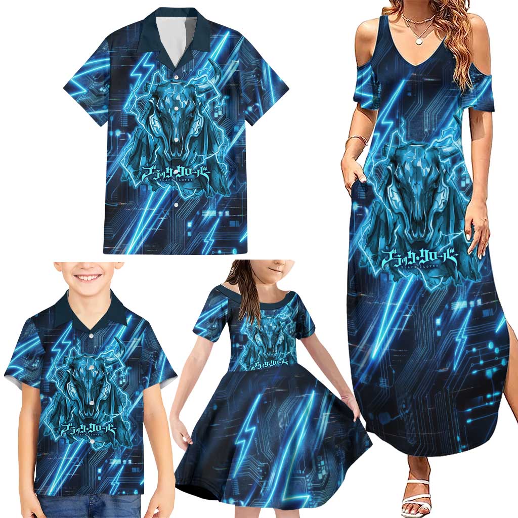 Luck Voltia Black Clover Family Matching Summer Maxi Dress and Hawaiian Shirt Tech Lightning Anime Style with Electric Circuit Background