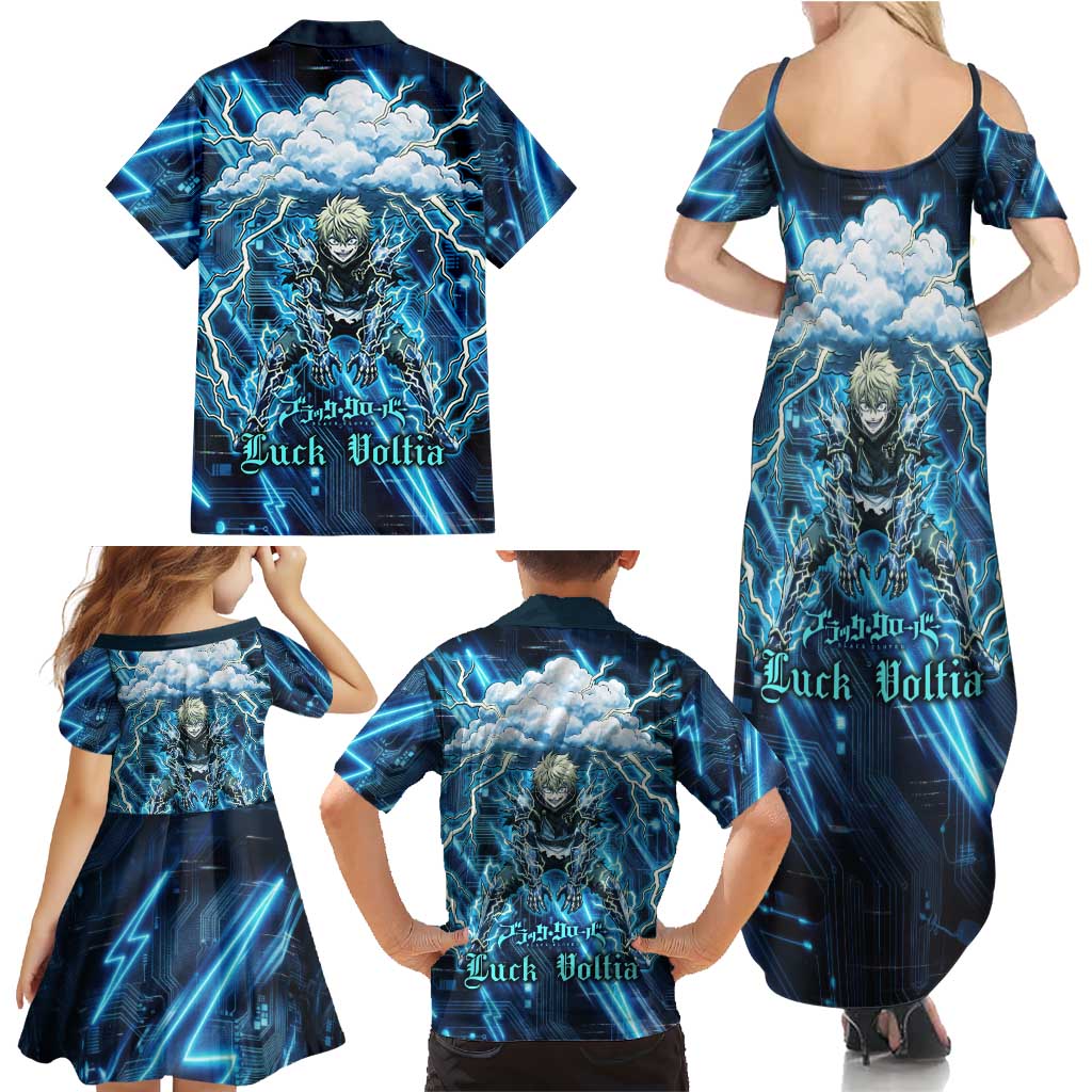 Luck Voltia Black Clover Family Matching Summer Maxi Dress and Hawaiian Shirt Tech Lightning Anime Style with Electric Circuit Background