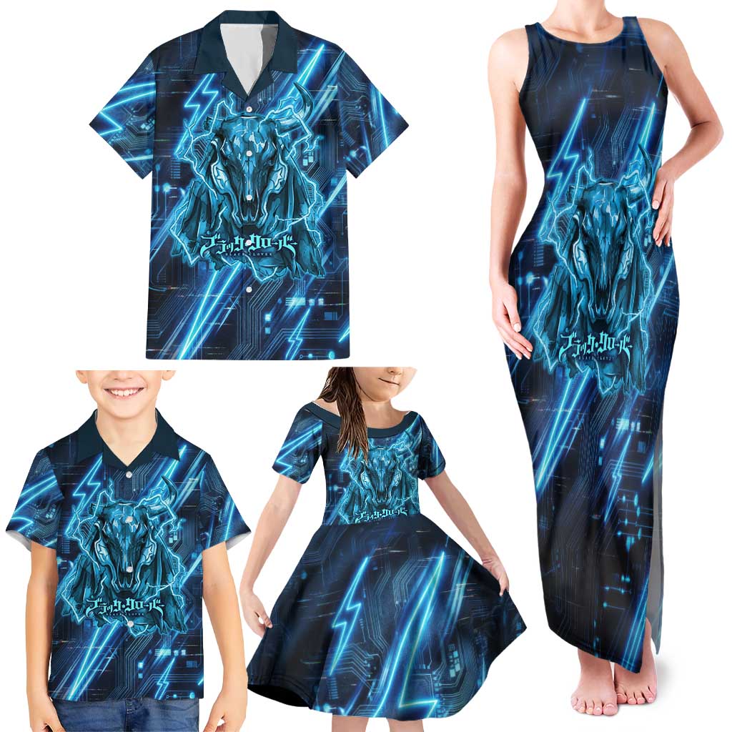 Luck Voltia Black Clover Family Matching Tank Maxi Dress and Hawaiian Shirt Tech Lightning Anime Style with Electric Circuit Background