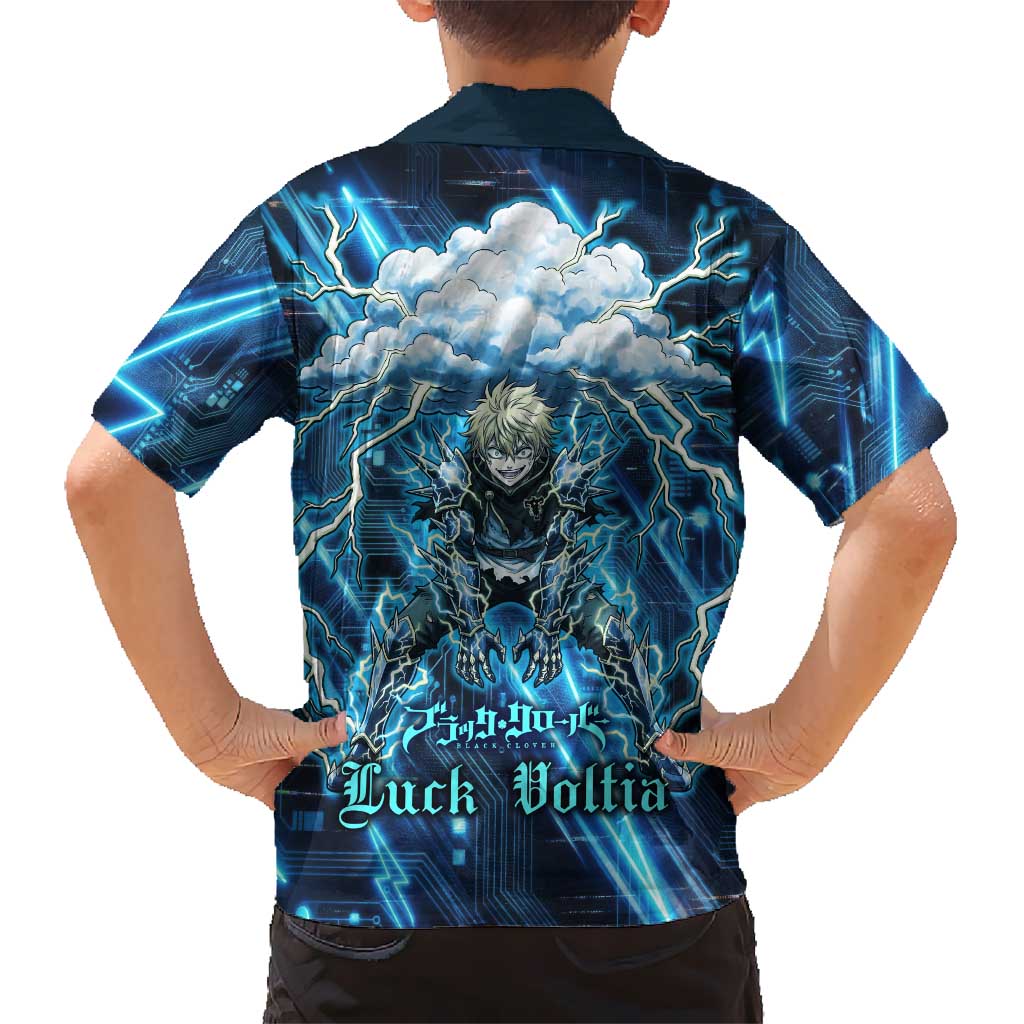 Luck Voltia Black Clover Family Matching Tank Maxi Dress and Hawaiian Shirt Tech Lightning Anime Style with Electric Circuit Background
