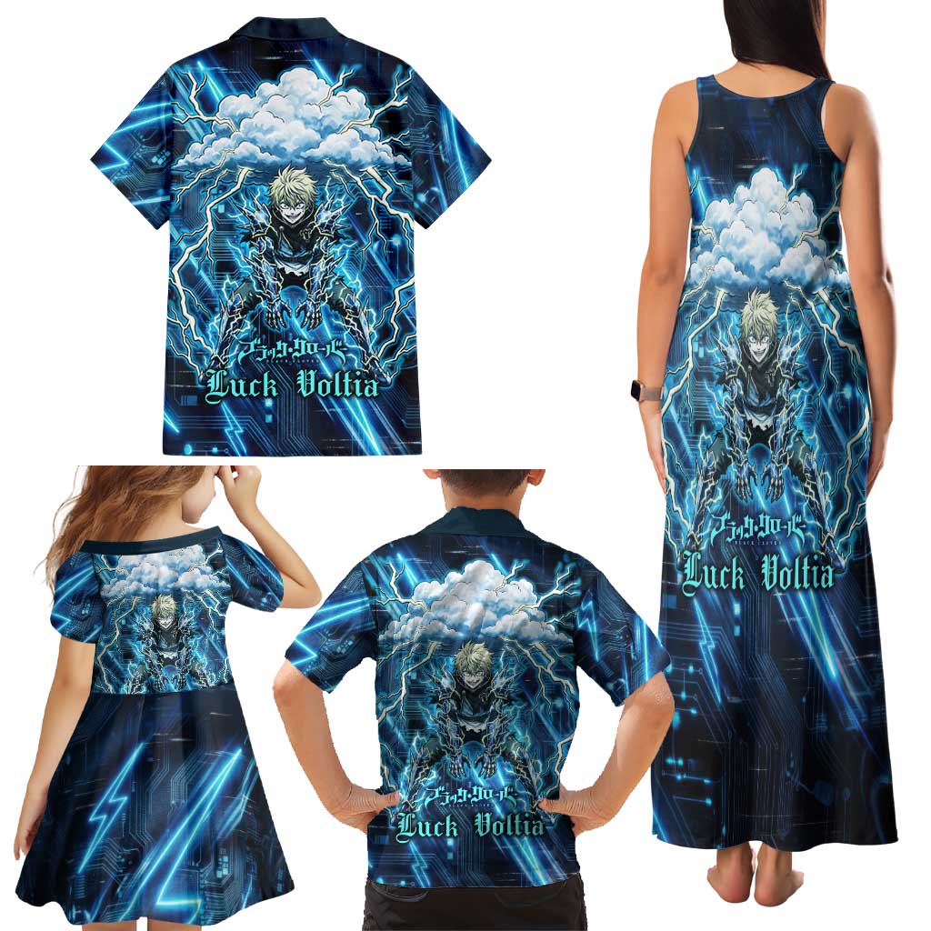 Luck Voltia Black Clover Family Matching Tank Maxi Dress and Hawaiian Shirt Tech Lightning Anime Style with Electric Circuit Background