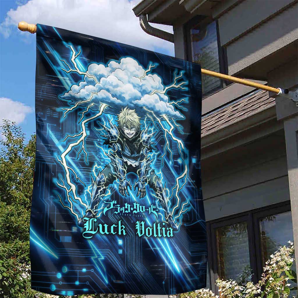 Luck Voltia Black Clover Garden Flag Tech Lightning Anime Style with Electric Circuit Background