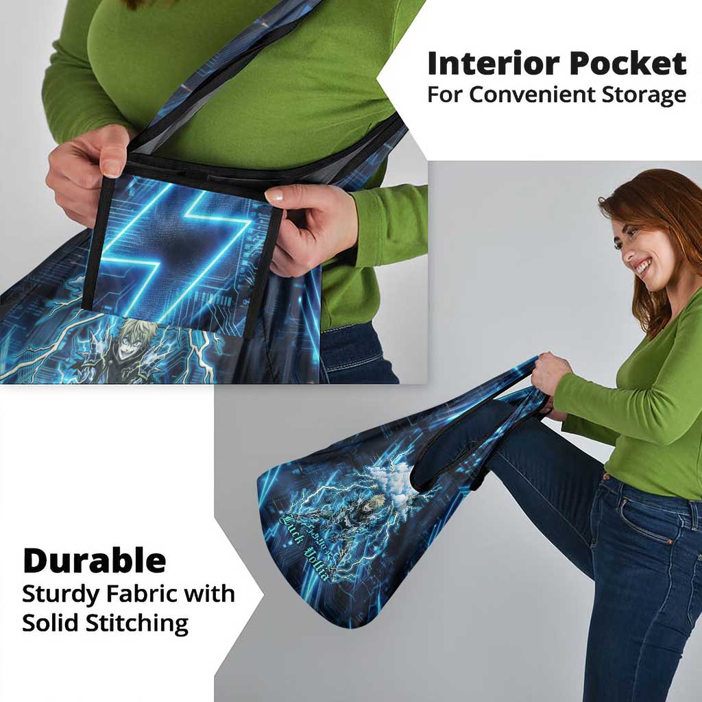 Luck Voltia Black Clover Grocery Bag Tech Lightning Anime Style with Electric Circuit Background