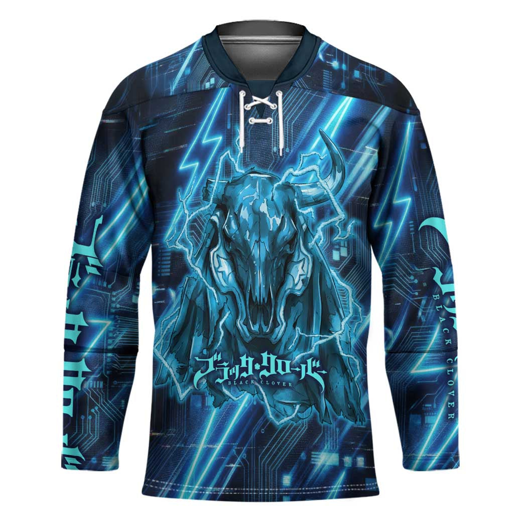 Luck Voltia Black Clover Hockey Jersey Tech Lightning Anime Style with Electric Circuit Background