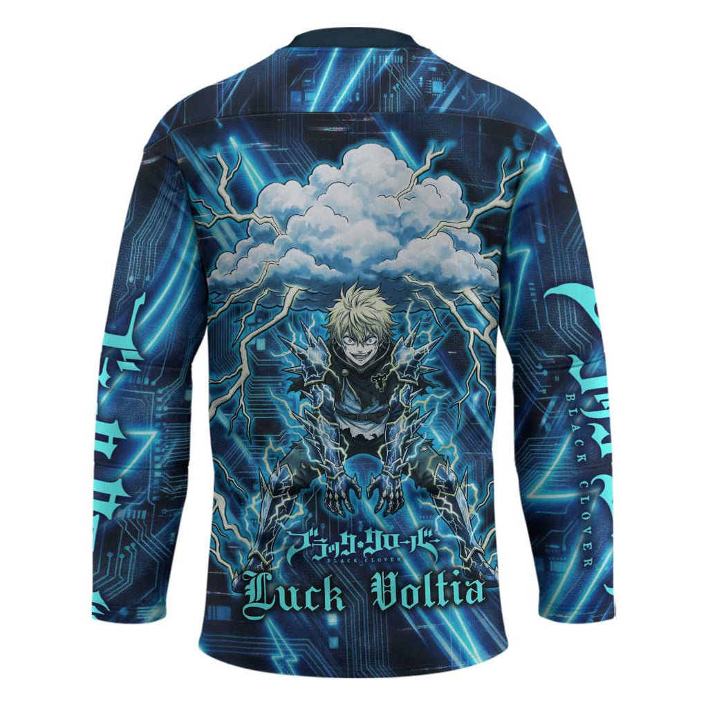 Luck Voltia Black Clover Hockey Jersey Tech Lightning Anime Style with Electric Circuit Background