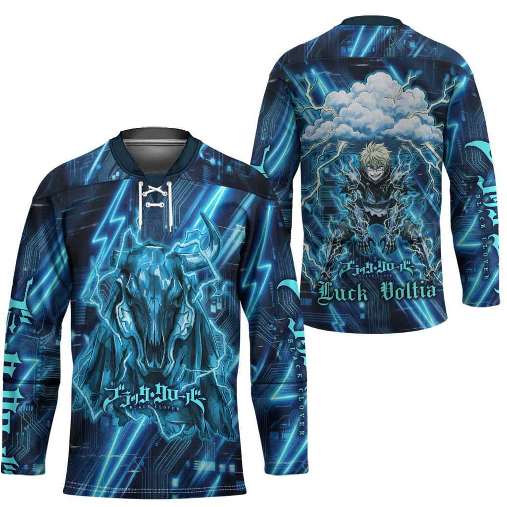 Luck Voltia Black Clover Hockey Jersey Tech Lightning Anime Style with Electric Circuit Background