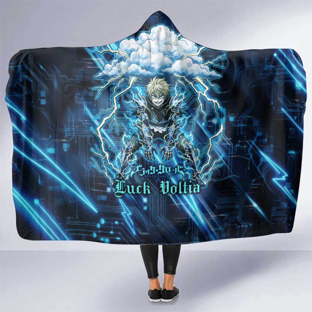 Luck Voltia Black Clover Hooded Blanket Tech Lightning Anime Style with Electric Circuit Background