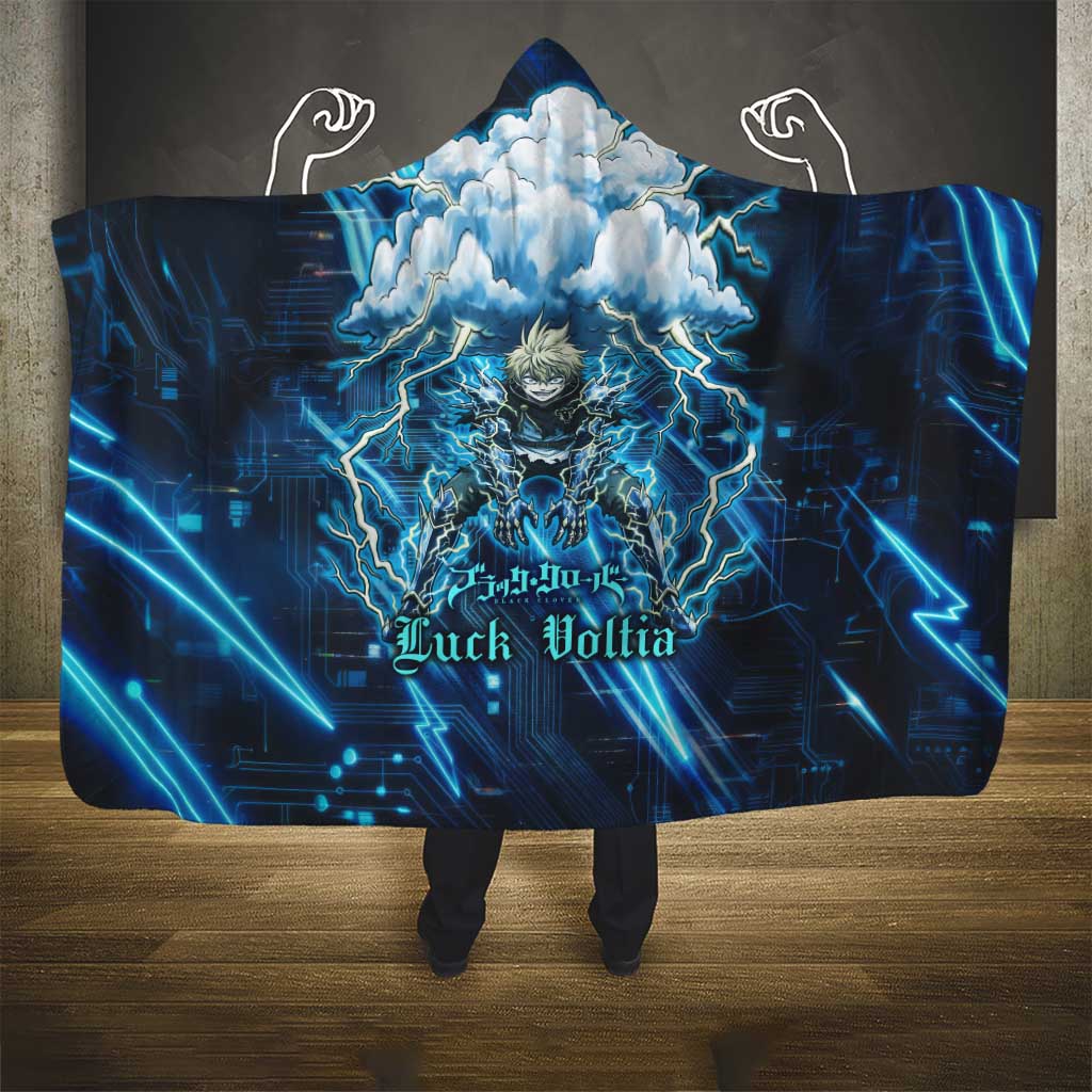 Luck Voltia Black Clover Hooded Blanket Tech Lightning Anime Style with Electric Circuit Background