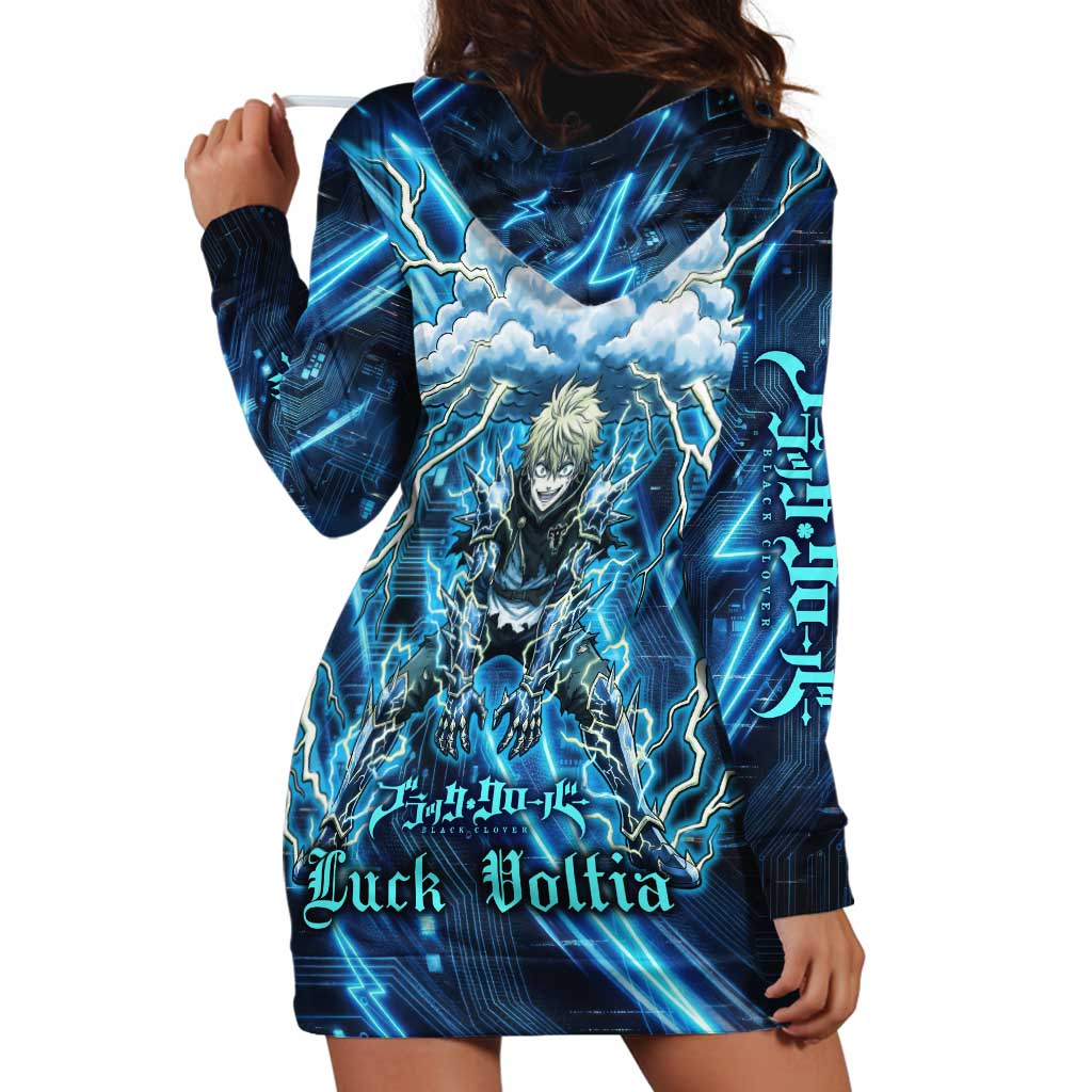 Luck Voltia Black Clover Hoodie Dress Tech Lightning Anime Style with Electric Circuit Background