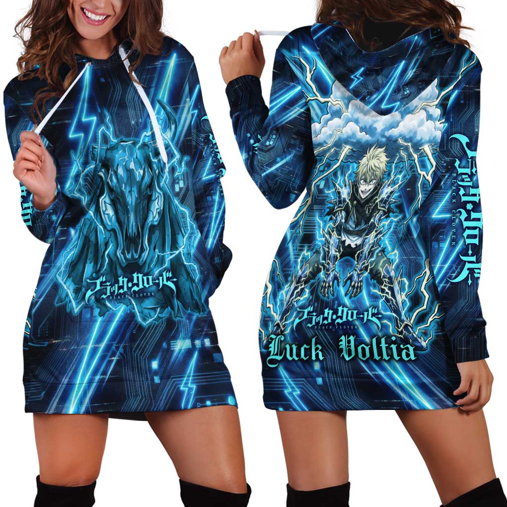Luck Voltia Black Clover Hoodie Dress Tech Lightning Anime Style with Electric Circuit Background