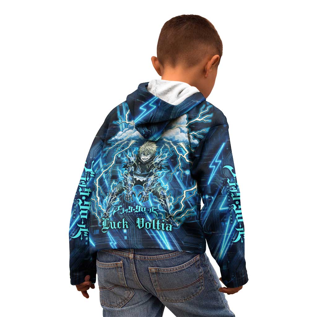 Luck Voltia Black Clover Kid Hoodie Tech Lightning Anime Style with Electric Circuit Background