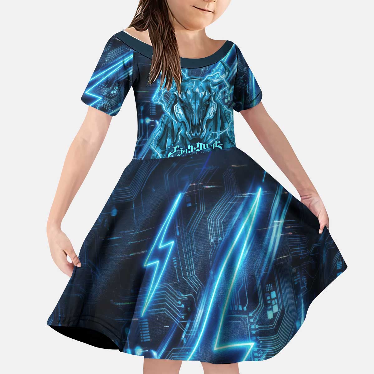 Luck Voltia Black Clover Kid Short Sleeve Dress Tech Lightning Anime Style with Electric Circuit Background