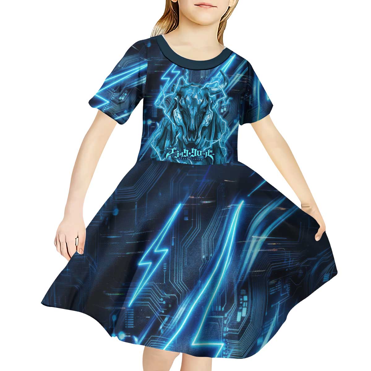 Luck Voltia Black Clover Kid Short Sleeve Dress Tech Lightning Anime Style with Electric Circuit Background
