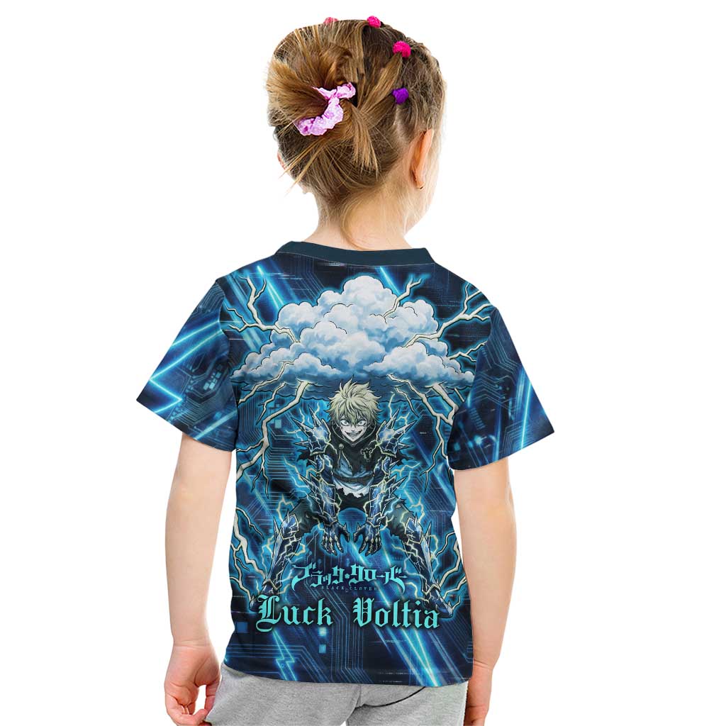 Luck Voltia Black Clover Kid T Shirt Tech Lightning Anime Style with Electric Circuit Background