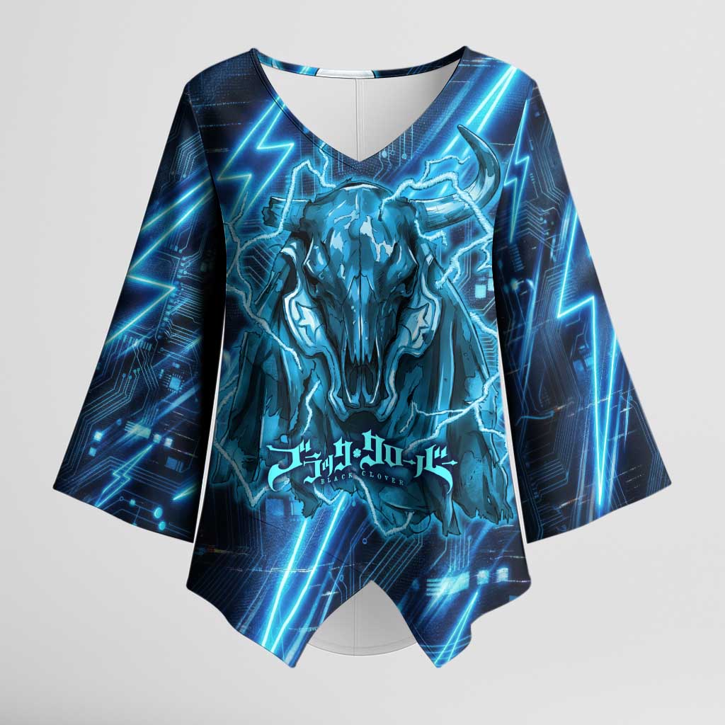 Luck Voltia Black Clover Kimono Sleeve Blouse Tech Lightning Anime Style with Electric Circuit Background