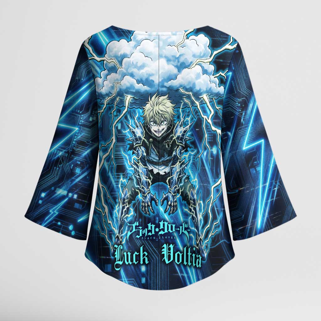 Luck Voltia Black Clover Kimono Sleeve Blouse Tech Lightning Anime Style with Electric Circuit Background