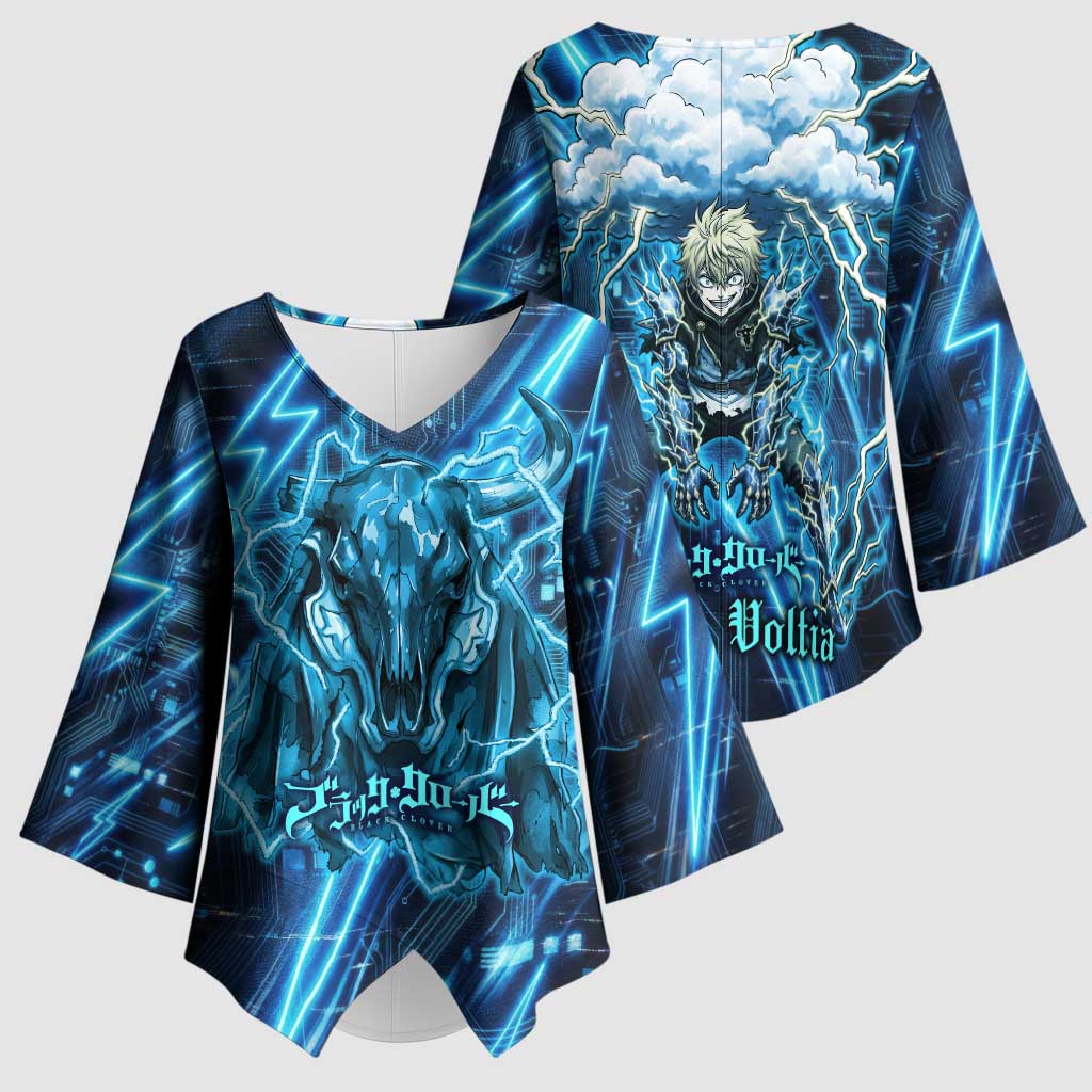 Luck Voltia Black Clover Kimono Sleeve Blouse Tech Lightning Anime Style with Electric Circuit Background