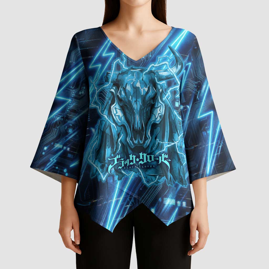 Luck Voltia Black Clover Kimono Sleeve Blouse Tech Lightning Anime Style with Electric Circuit Background