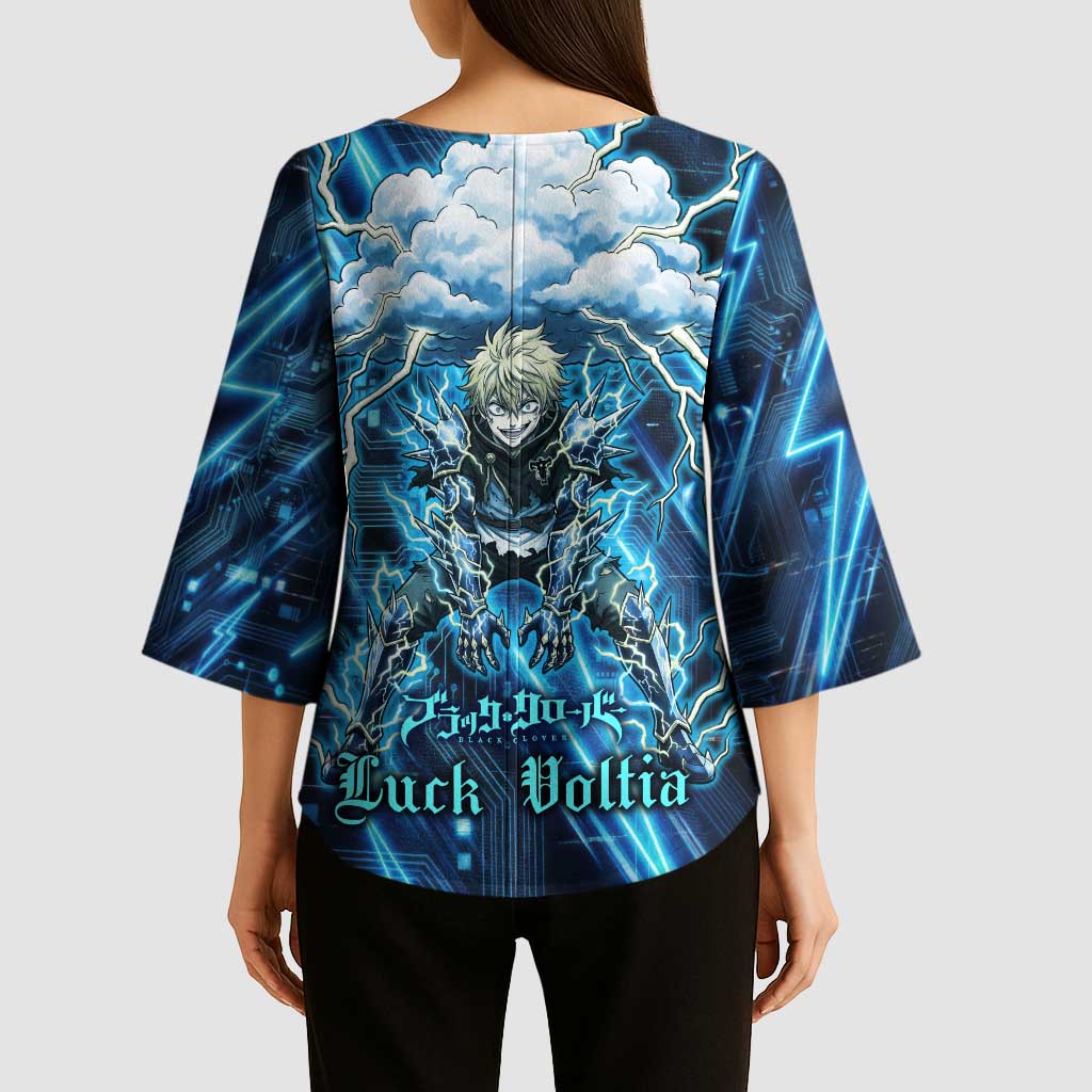 Luck Voltia Black Clover Kimono Sleeve Blouse Tech Lightning Anime Style with Electric Circuit Background