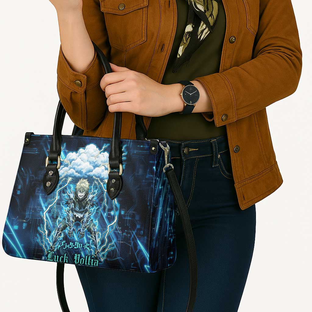 Luck Voltia Black Clover Leather Bag Tech Lightning Anime Style with Electric Circuit Background