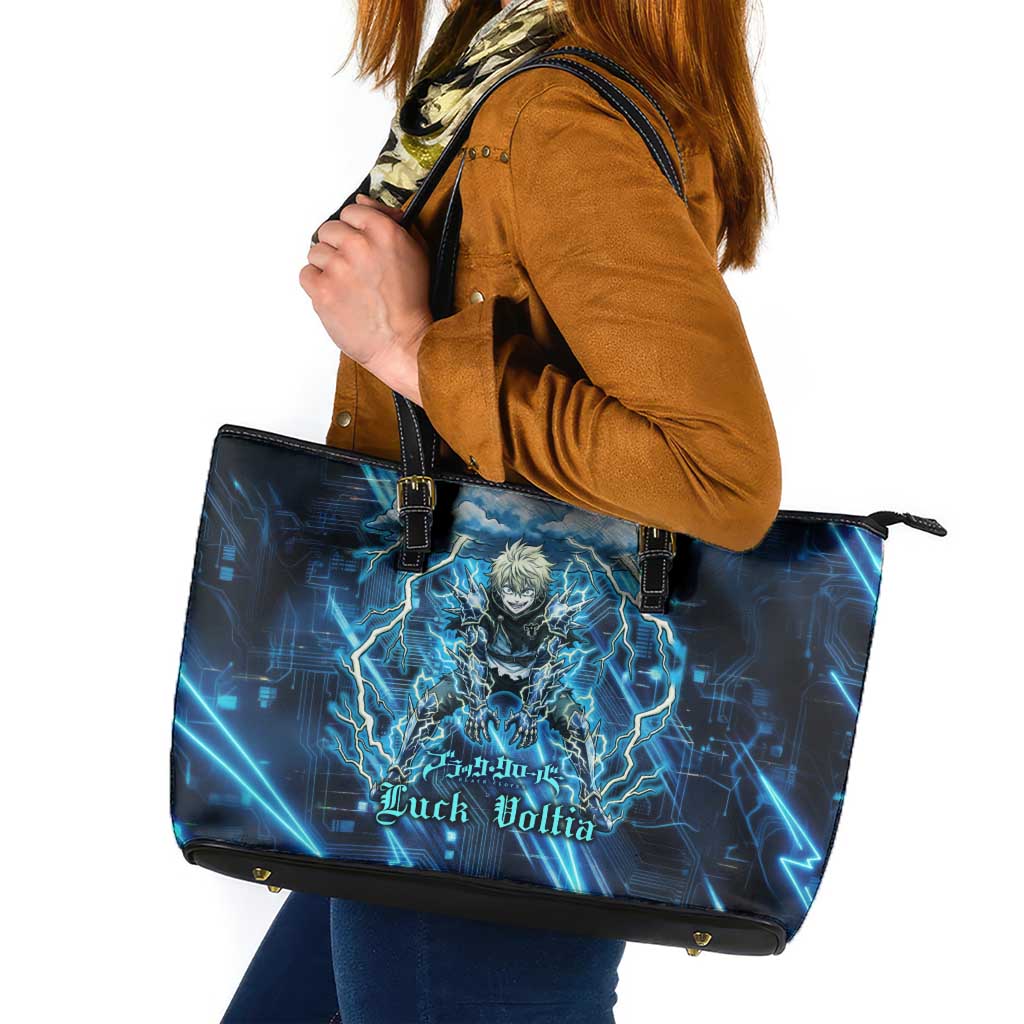 Luck Voltia Black Clover Leather Tote Bag Tech Lightning Anime Style with Electric Circuit Background