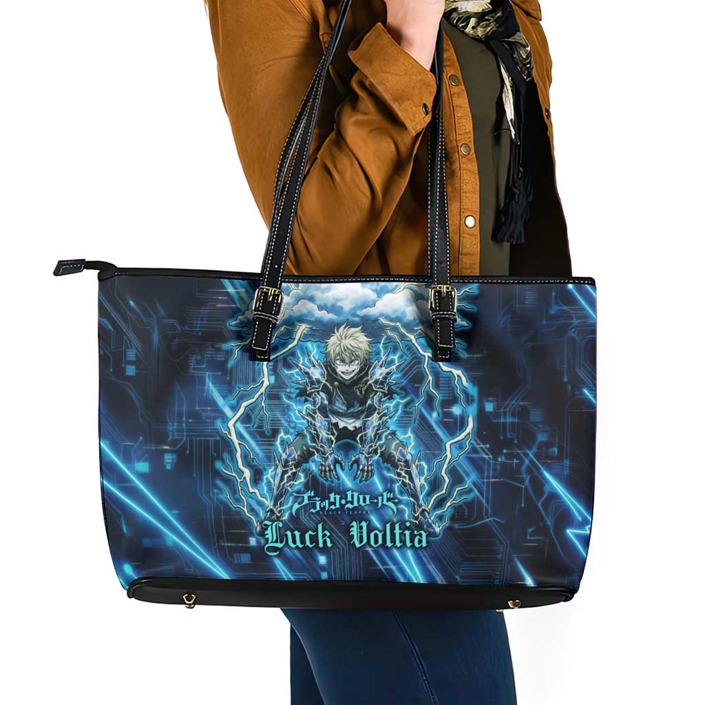 Luck Voltia Black Clover Leather Tote Bag Tech Lightning Anime Style with Electric Circuit Background